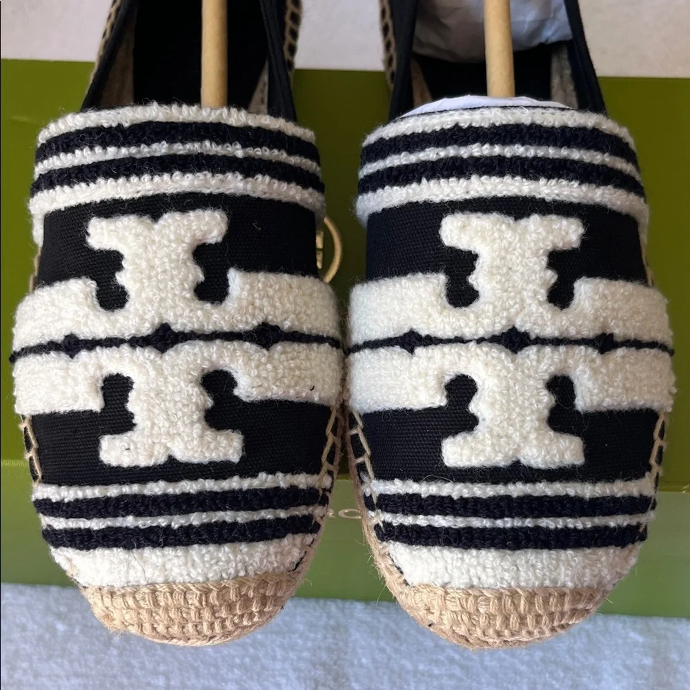 Tory Burch Black and Natural Stripe Espadrille Slip-Ons